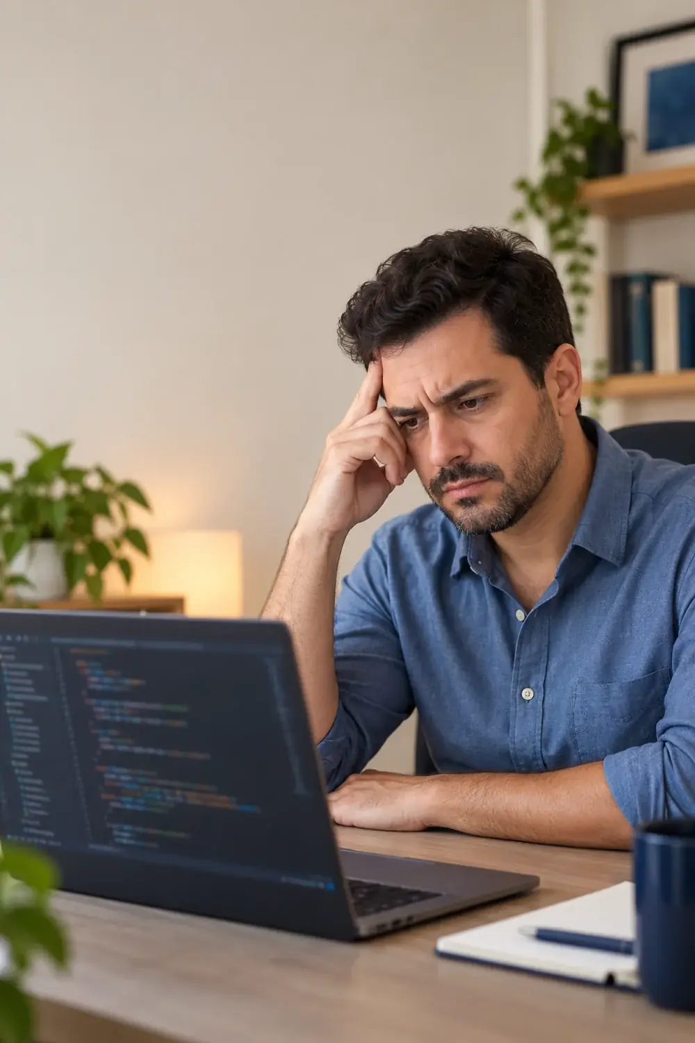 Imagem ilustrativa de um profissional com dúvidas diante do computador