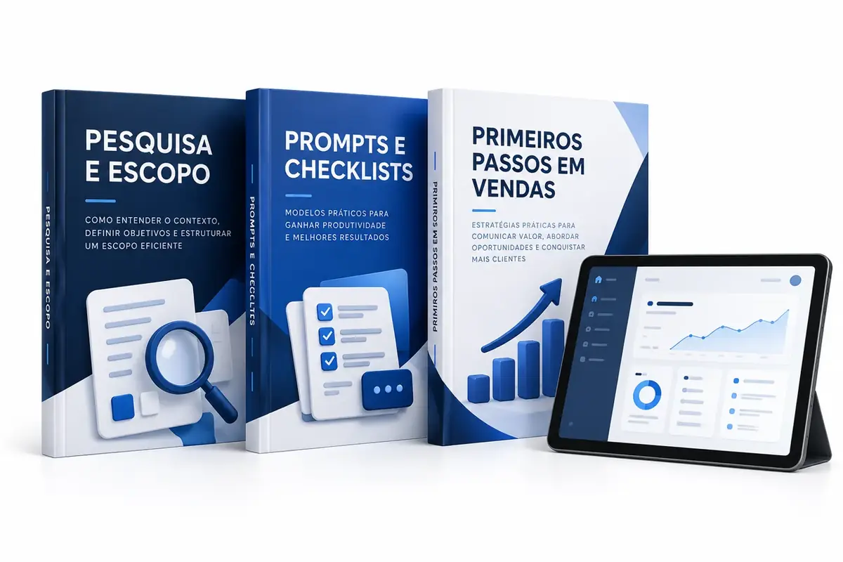 Mockup ilustrativo dos materiais digitais de pesquisa, prompts, checklists e vendas